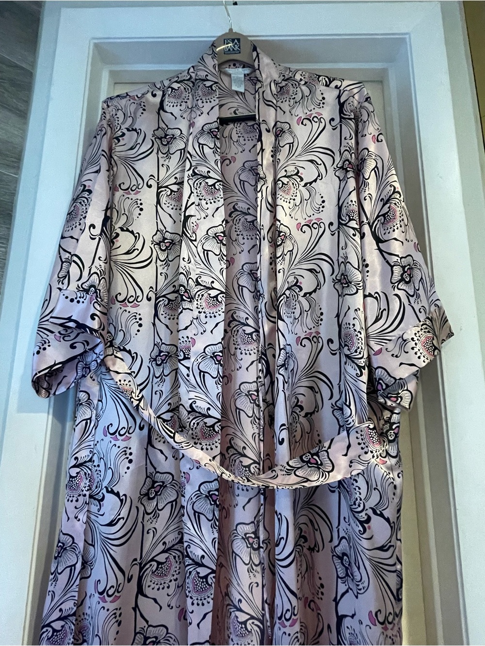 august silk Pink Floral Satin Robe with Black Scroll Print